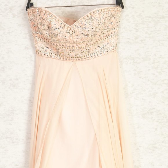 Jovani Peach Beaded Strapless Full Chiffon Flowy Maxi Dress Size 2 - Picture 9 of 12